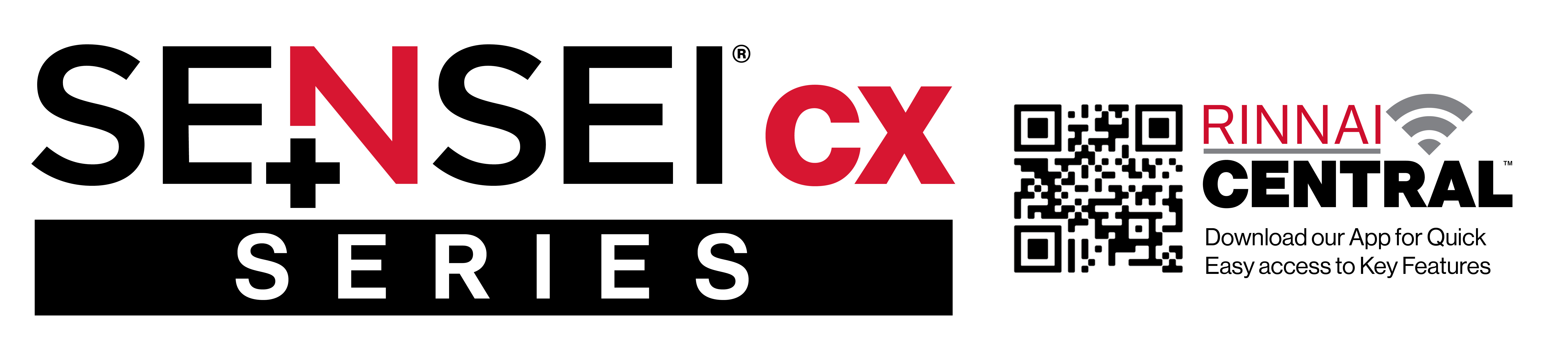 SENSEI CX Series Logo with Rinnai Central QR Code